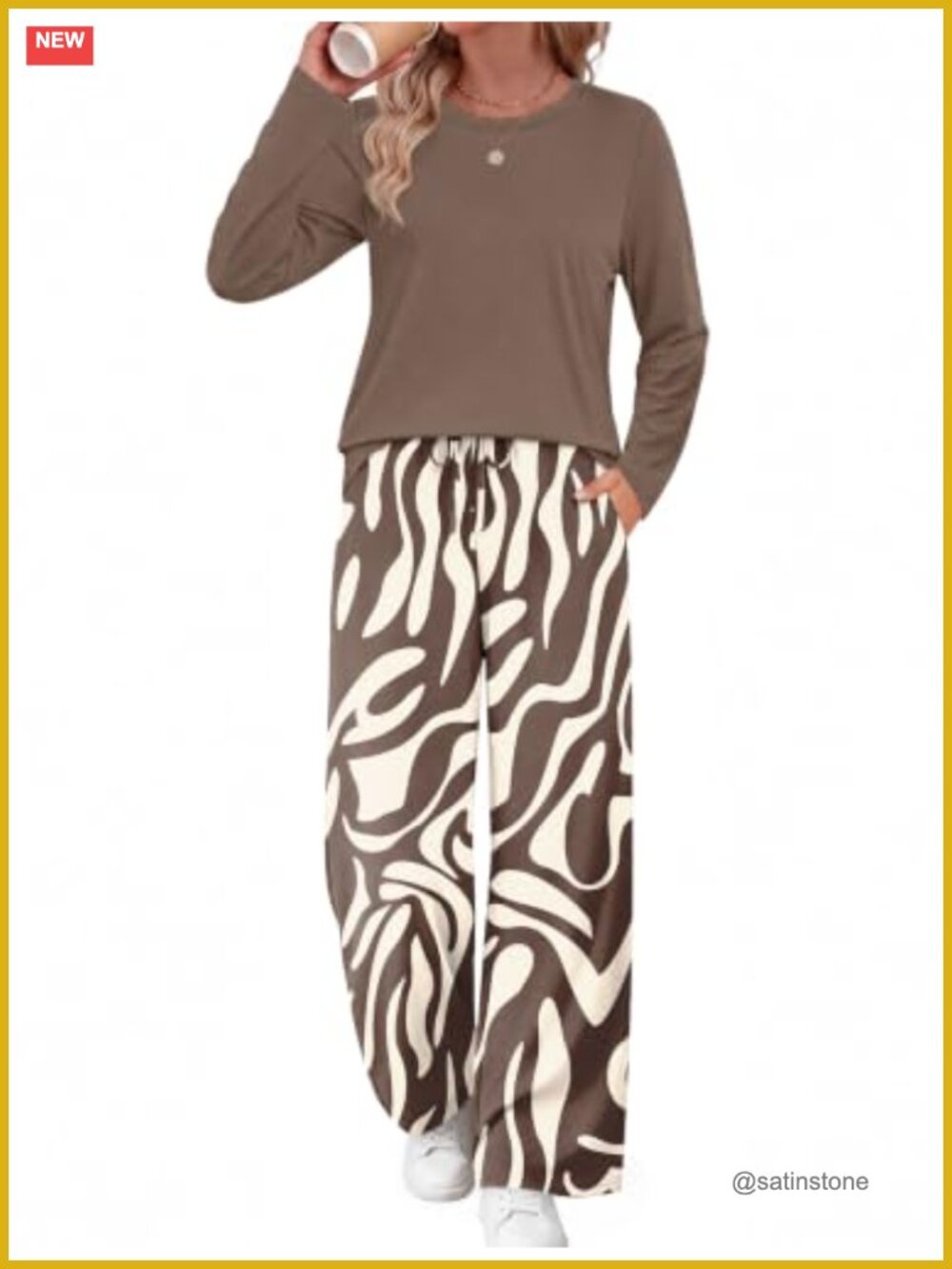 Two Piece Lounge Set Long Sleeve Wide Leg Pants Travel Casual